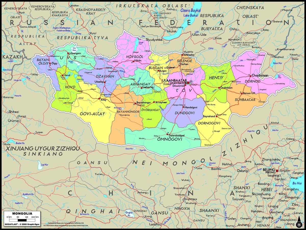 fisiese kaart van Mongolië
